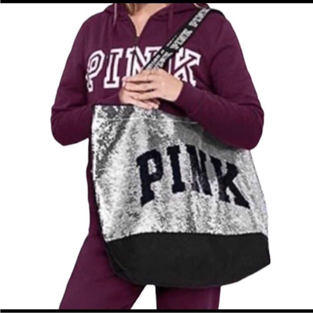 Victoria’s Secret, Pink- Sequin Flip Bling Weekend Tote Silver/Gold Sequin NWOT